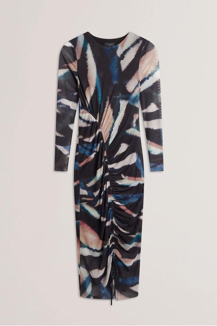 Ted Baker Black Ellylou Printed Mesh Bodycon Gathered Midi Dress - Image 1 of 1 Ted Baker Black Ellylou Printed Mesh Bodycon Gathered Midi Dress - Image 1 of 1