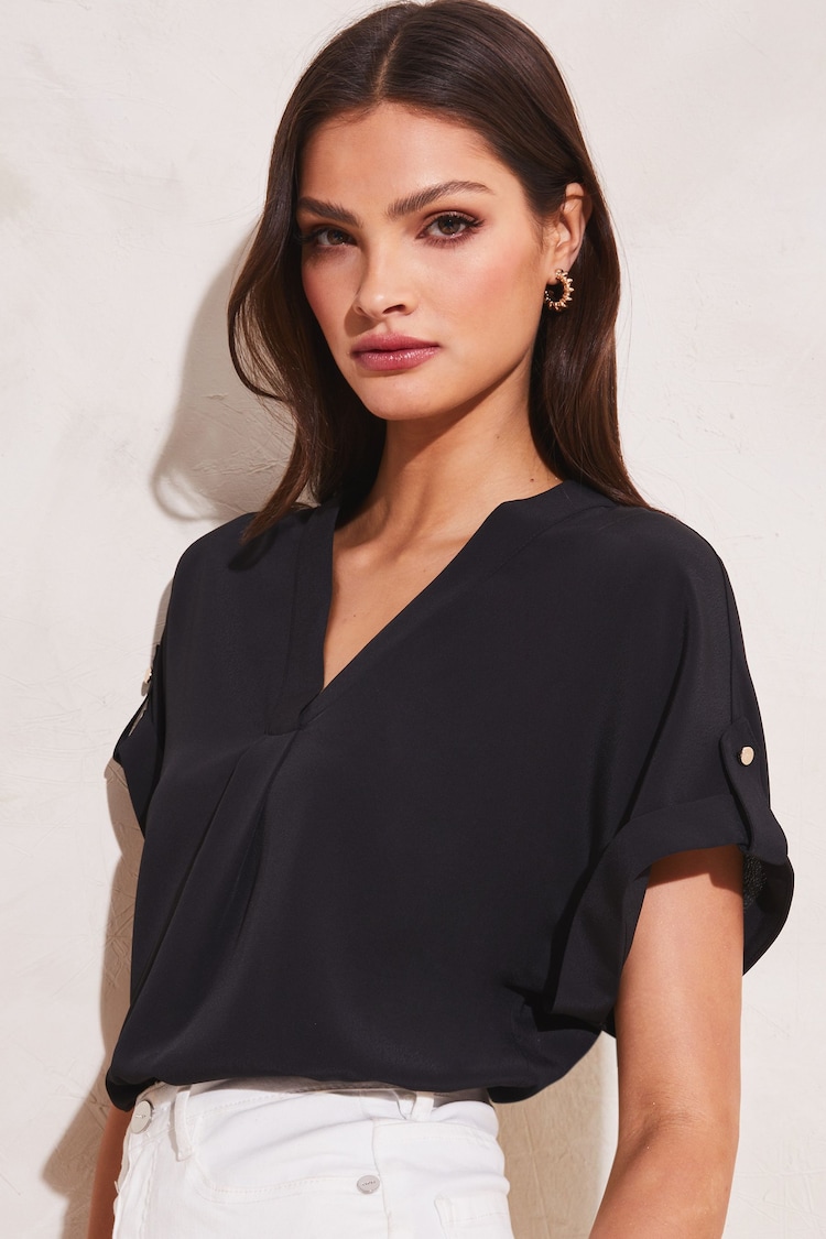 Lipsy Black Utility V-Neck Short Roll Sleeve Top - Image 1 of 1