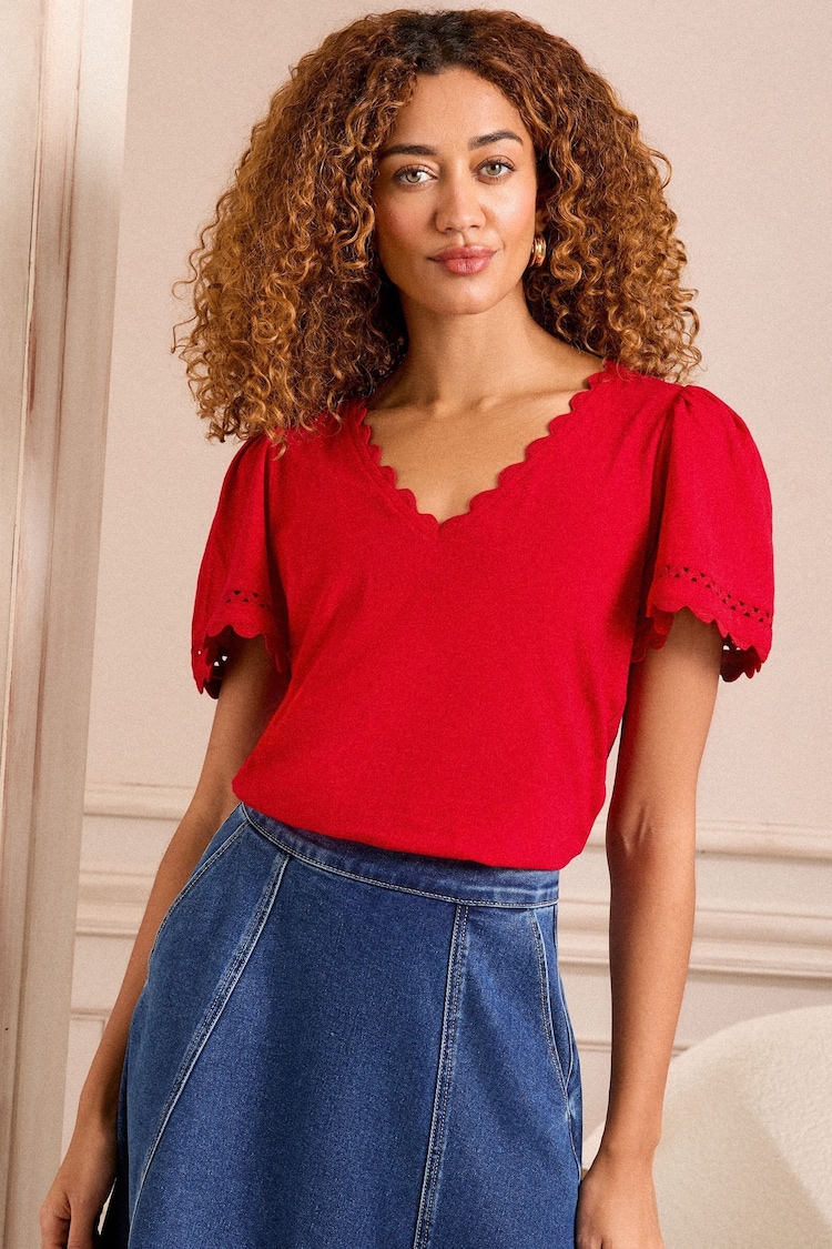 Love & Roses Red Scallop V-Neck 100% Cotton T-Shirt - Image 1 of 1