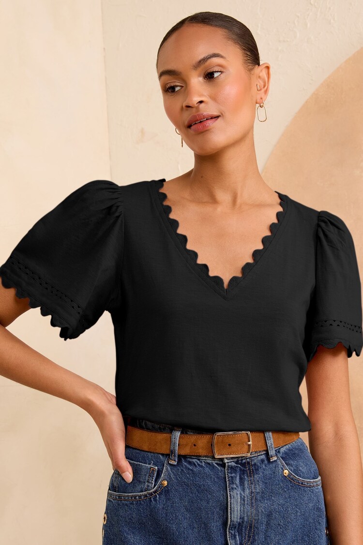 Love & Roses Black Scallop V-Neck 100% Cotton T-Shirt - Image 1 of 1