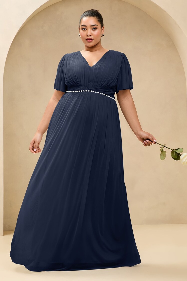 Lipsy Navy Curve Short Sleeve Pearl Trim Mesh Maxi Bridesmaid Dress - Image 1 of 1