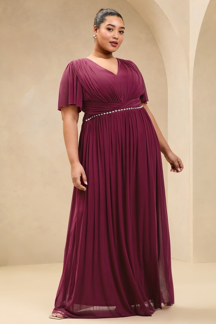 Lipsy Berry Red Curve Short Sleeve Pearl Trim Mesh Maxi Bridesmaid Dress - Image 1 of 1