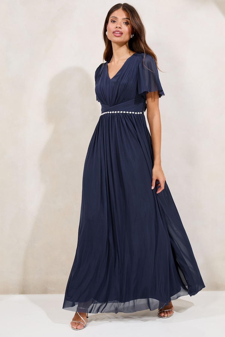 Lipsy Navy Short Sleeve Pearl Trim Mesh Maxi Bridesmaid Dress - Image 1 of 1