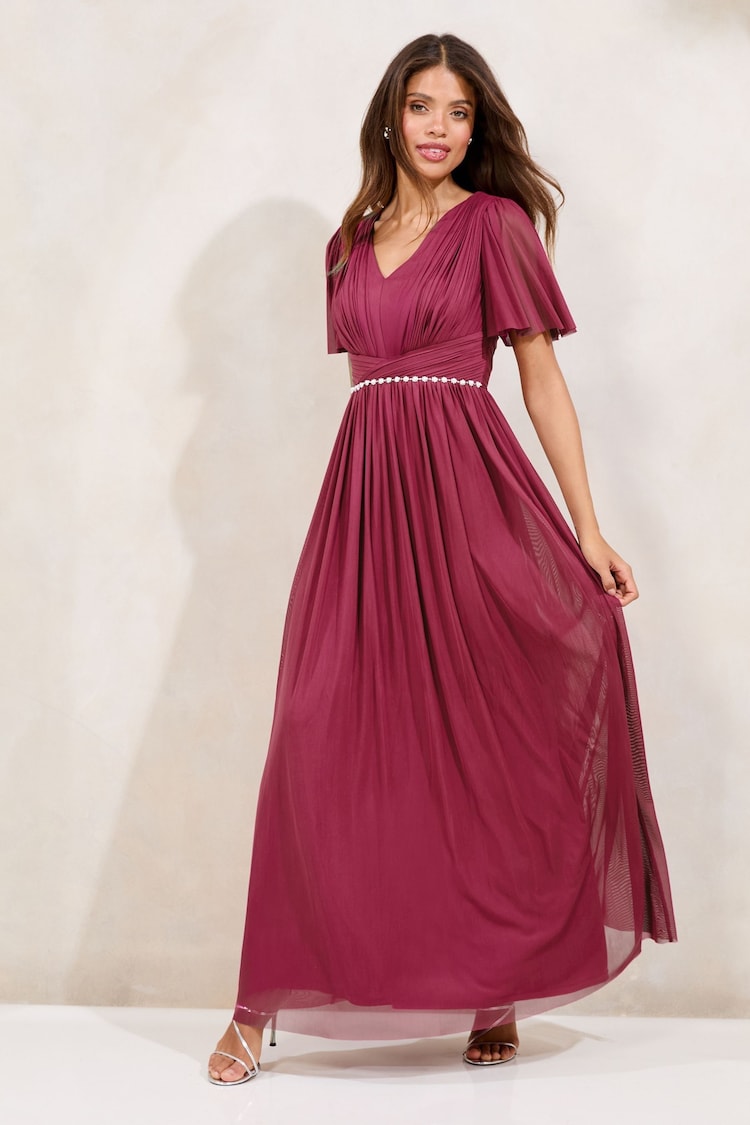 Lipsy Berry Red Short Sleeve Pearl Trim Mesh Maxi Bridesmaid Dress - Image 1 of 1