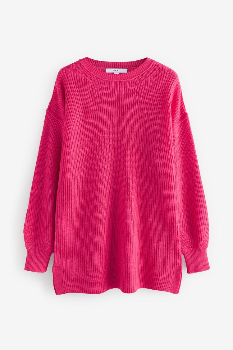 Bright Pink Cosy Crew Neck Longline Tunic Knitted Jumper - Image 1 of 1