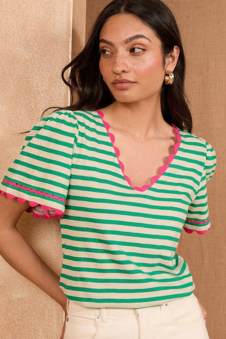 Love & Roses Green Stripe Scallop V-Neck 100% Cotton T-Shirt - Image 1 of 1