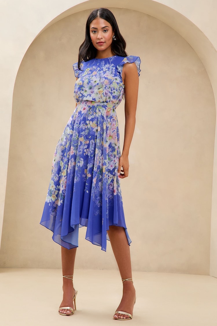 Lipsy Cobalt Blue Floral Printed Hanky Hem Midi Dress - Image 1 of 1
