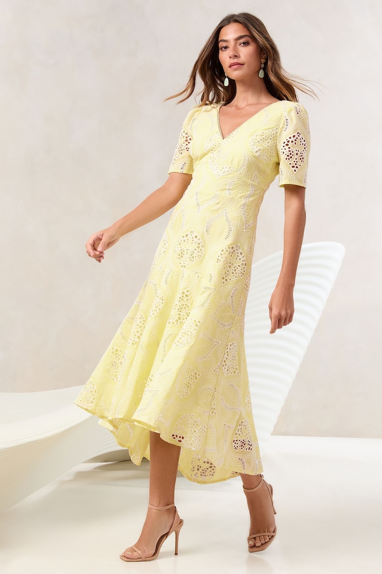Lipsy Buttermilk Yellow Premium Broderie Lace Short Sleeve V-Neck High Low Midi Dress - Image 1 of 1