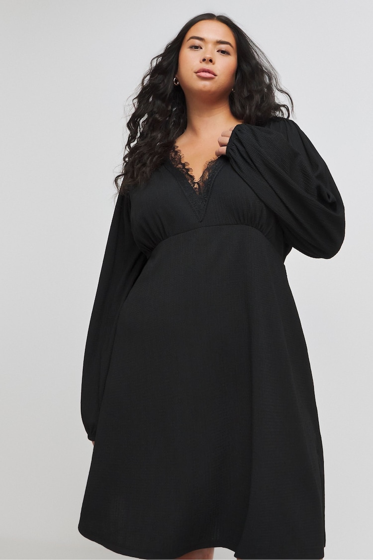 Simply Be Long Sleeve Waffle Lace Trim Midi Skater Dress - صورة 1 من 1