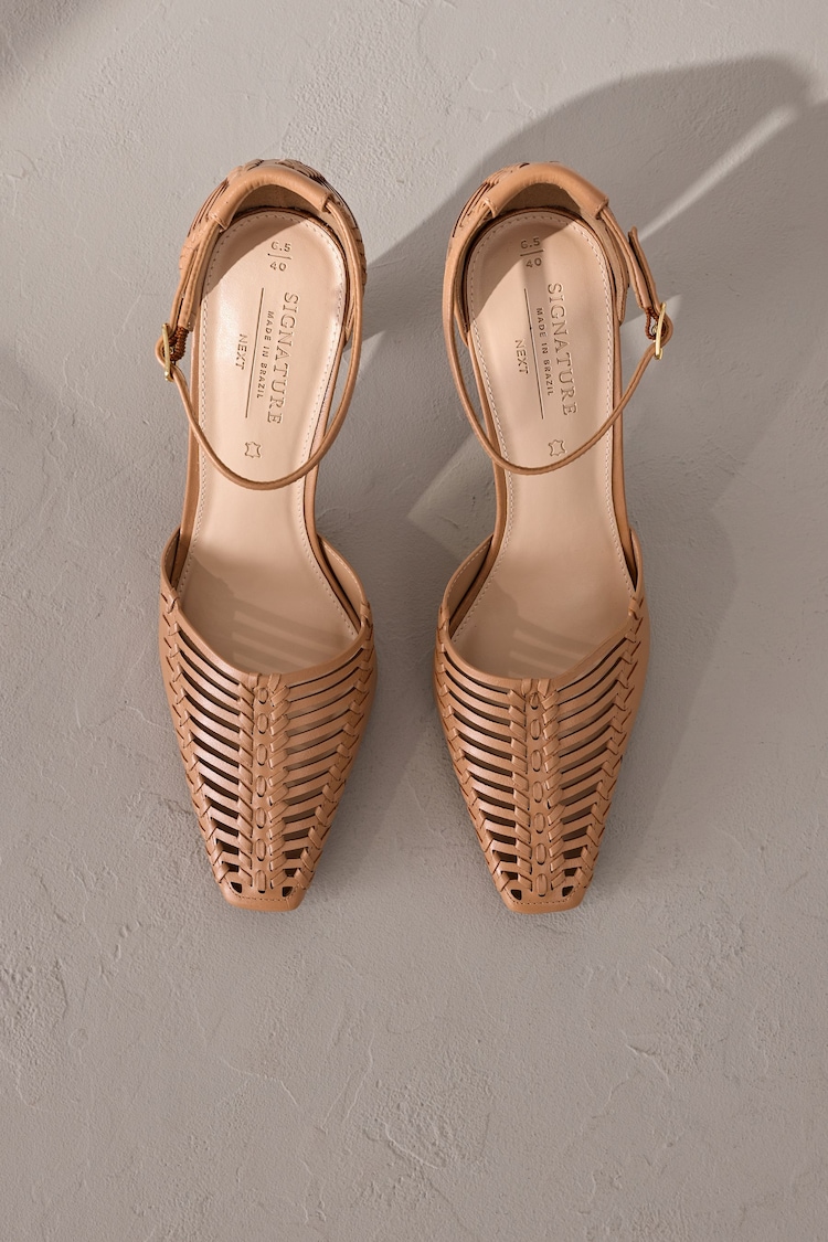 Tan Brown Signature Premium Leather Weave Point Toe Heels - Image 1 of 1