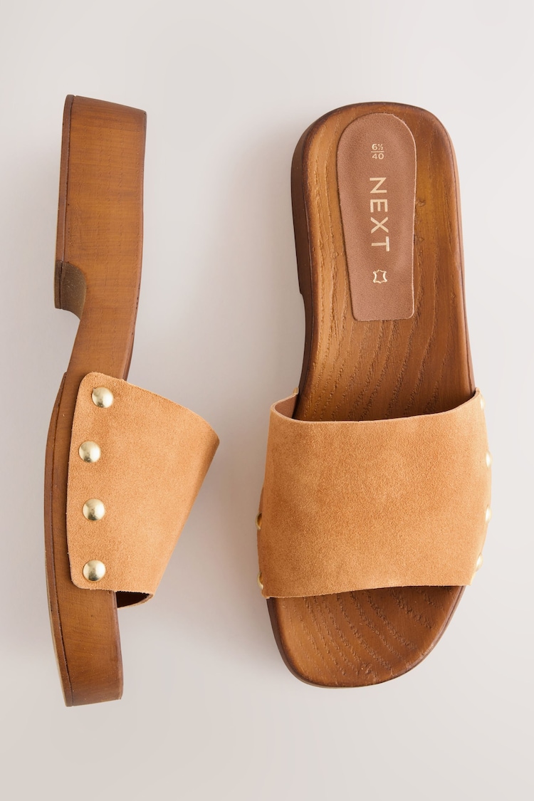 Tan Brown Suede Open Toe Studded Clog Mule Sandals - Image 1 of 1