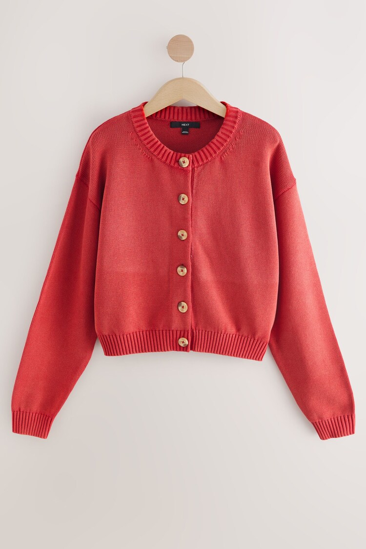 rdeča - 100% Cotton Washed Crew Neck Cardigan - Slika 1 iz 1