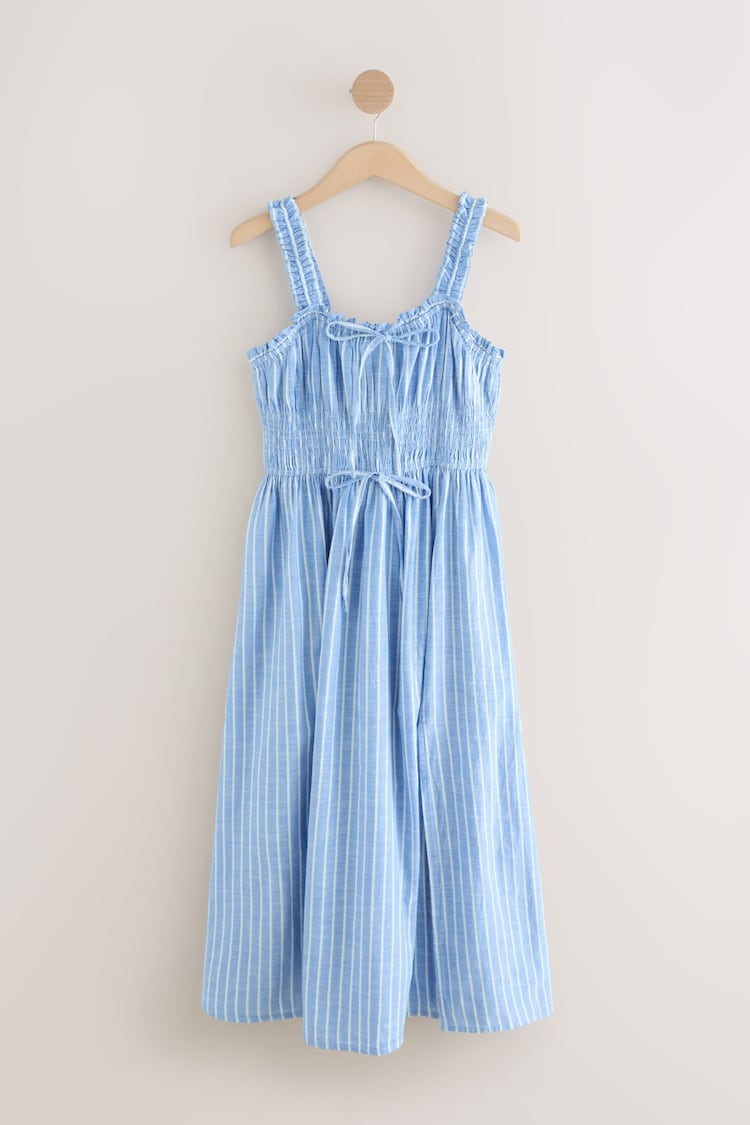 Blau Weiss Gestreift - Midi-Kleid mit Trägern und Bindband vorne - Image 1 of 1