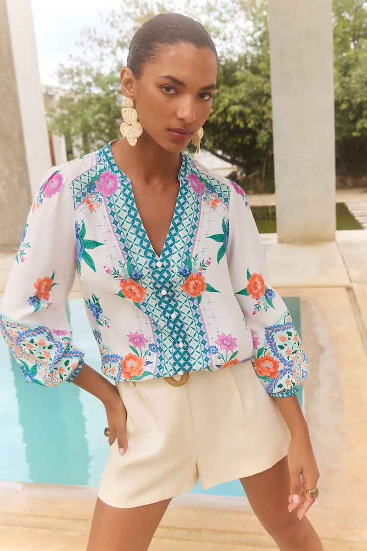 V&A I Love & Roses Ivory Petite V-Neck Notch Neck Long Sleeve Blouse - Image 1 of 1