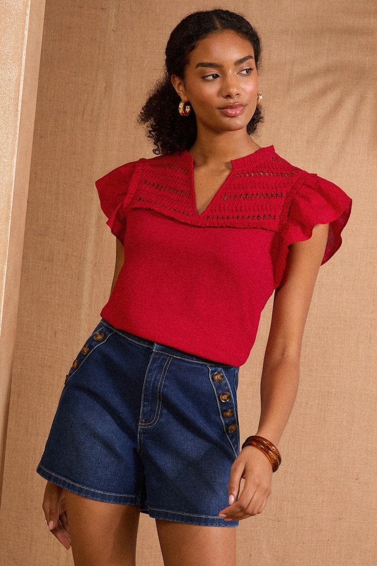 Love & Roses Red Flutter Sleeve Jersey 100% Cotton T-Shirt - Image 1 of 1 Love & Roses Red Flutter Sleeve Jersey 100% Cotton T-Shirt - Image 1 of 1