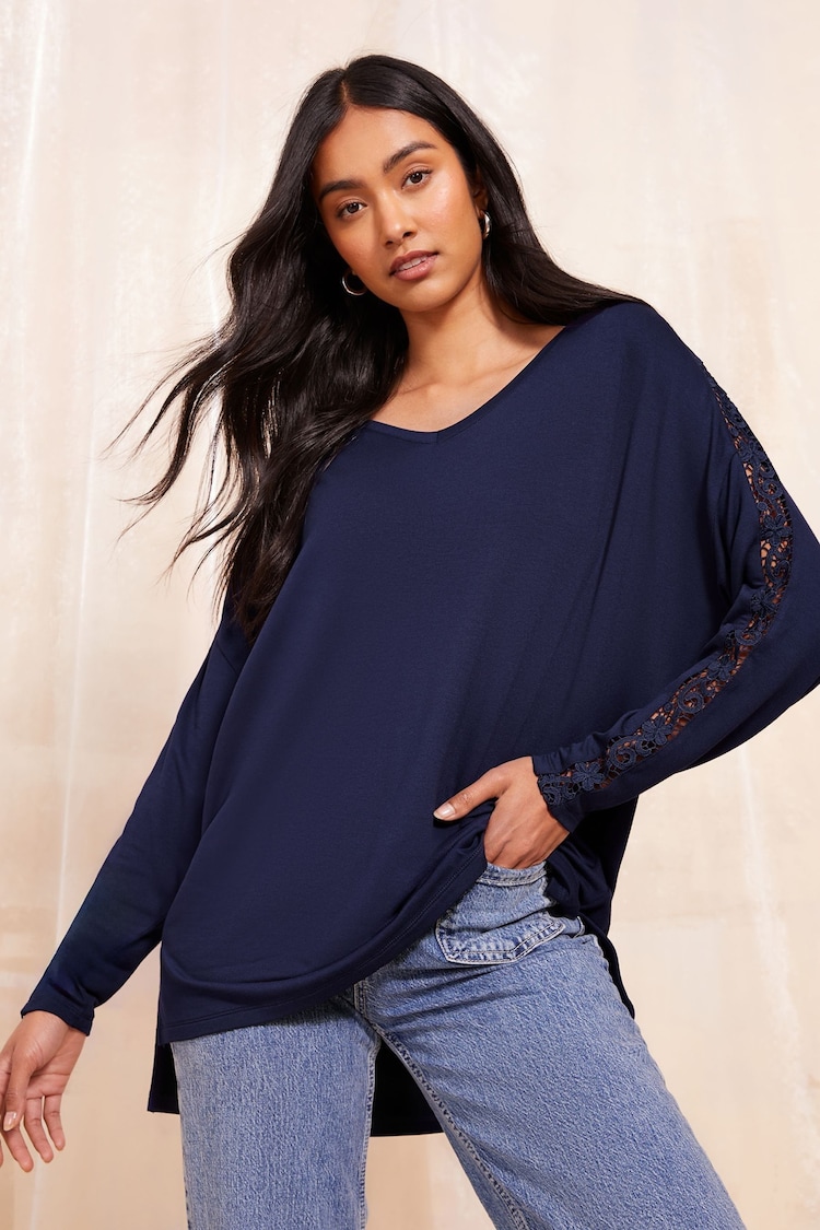 Friends Like These Navy Long Sleeve Crochet Trim Tunic - Image 1 of 1