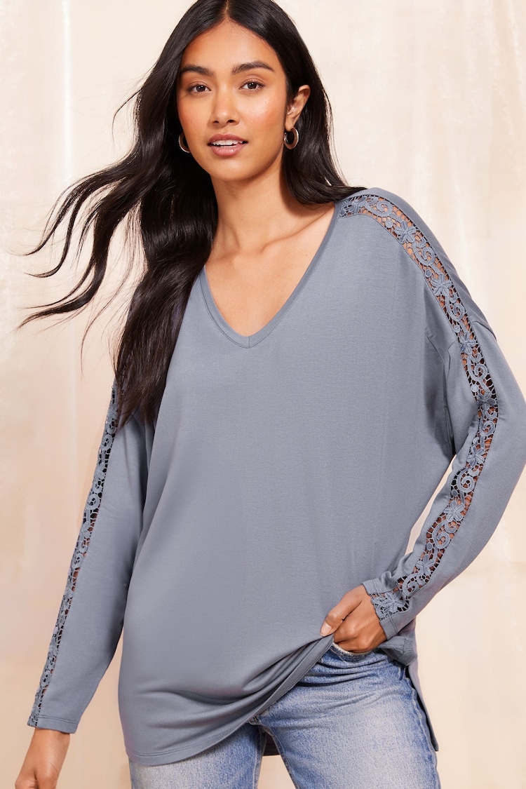 Friends Like These Blue Long Sleeve Crochet Trim Tunic - Image 1 of 1