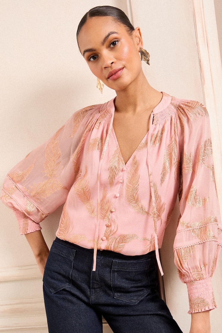 Love & Roses Blush Feather Petite Metallic Shirred Cuff Blouse - Image 1 of 1