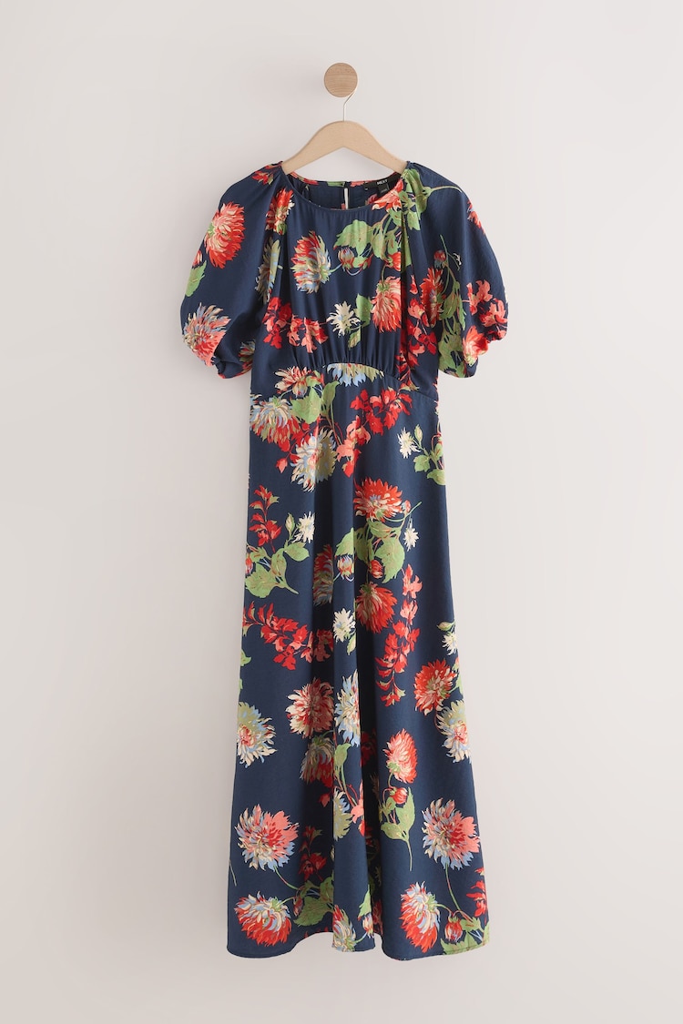 Navy Blue Floral Print Puff Sleeve Midi Dress - Image 1 of 1