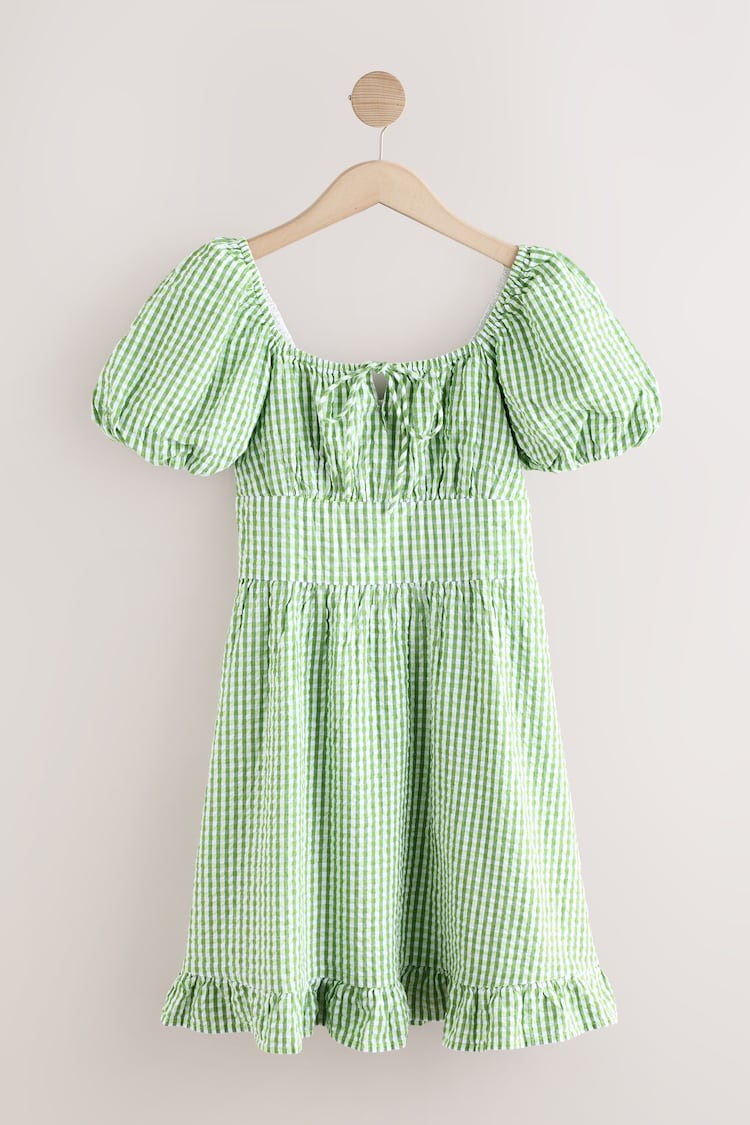Green Gingham 100% Cotton Puff Sleeve Milkmaid Mini Dress - Image 1 of 1