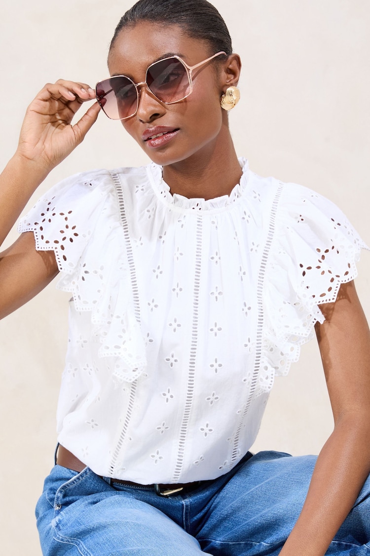 Lipsy White Broderie Ruffle 100% Cotton T-Shirt - Image 1 of 1