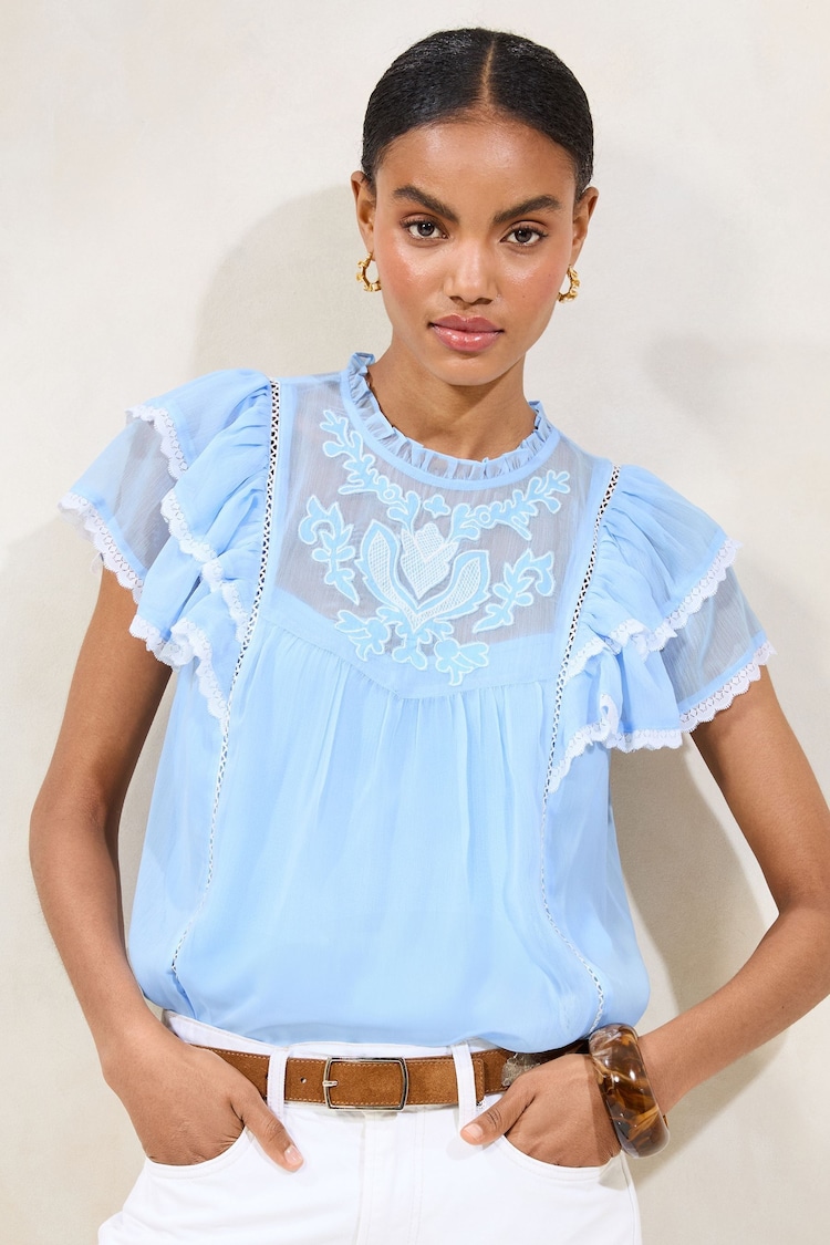 Blau - Lipsy Ruffle sleeve Chiffon Lace T-Shirt - Bild 1 von 1