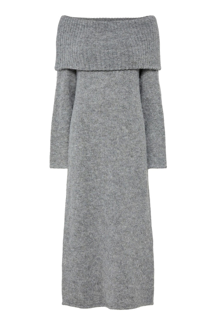 PIECES Grey Off Shoulder Bardot Soft Knitted Midi Dress - Image 1 of 1