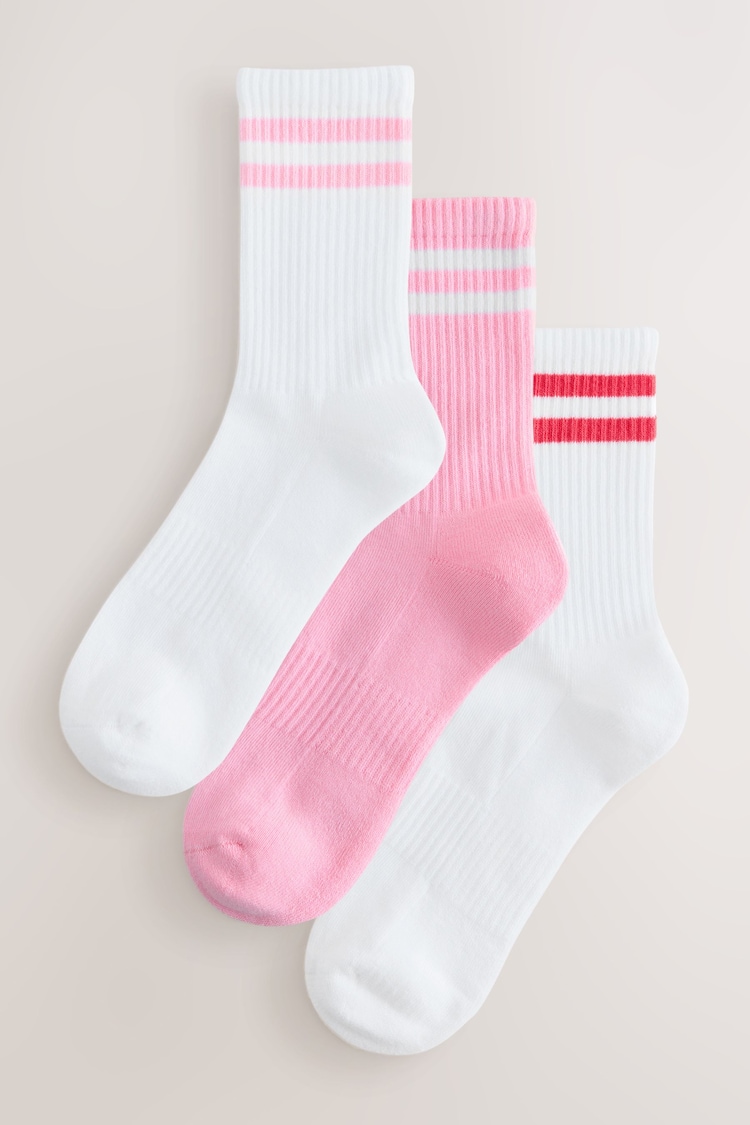 White/Pink Cushion Sole Ribbed Sport Ankle Socks 3 Pack With Arch Support - Image 1 of 1