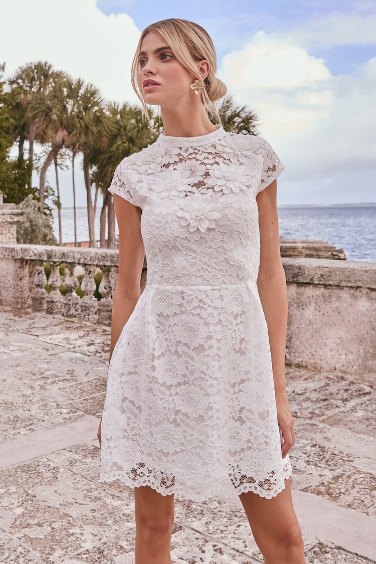 Lipsy White Petite Lace Short Sleeve Lantern Mini Dress - Image 1 of 1
