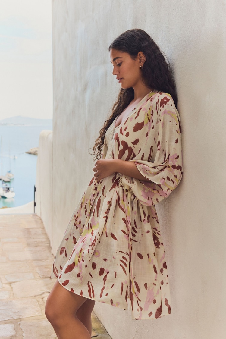 Blurred Animal Print Longline Tie Waist Kimono Cover-Up - Image 1 of 1