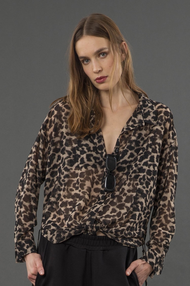 Religion Black Oversized Long Line Flash Shirt with Tassle details in Leopard Animal print - Image 1 of 1