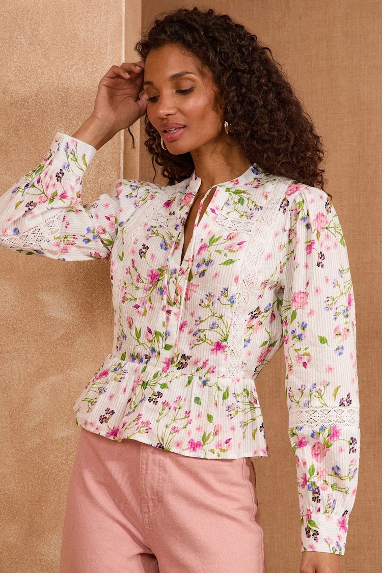 Love & Roses Pink/White Floral Long Sleeve Dobby Peplum 100% Cotton Blouse - Image 1 of 1