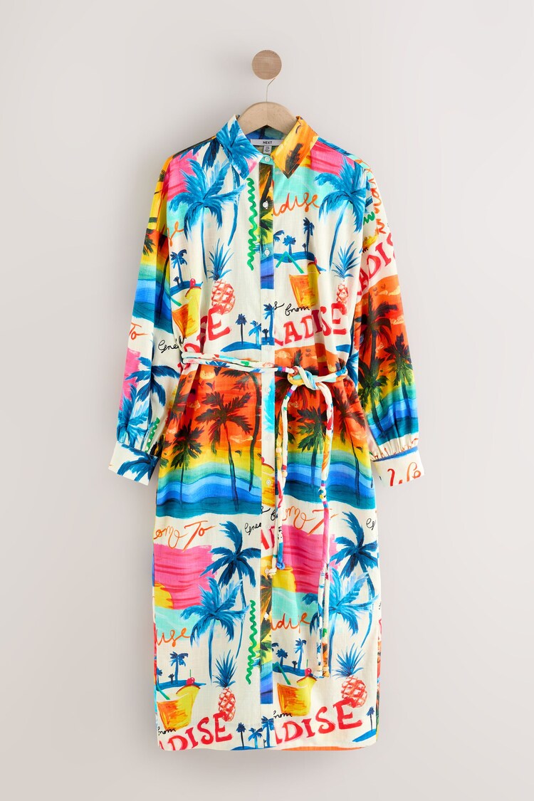 Bright Palm Graphic Print Long Sleeve Tie Waist 100% Cotton Shirt Dress - Image 1 of 1