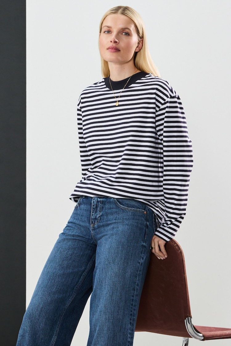 Navy/Ecru Slouch Fit Long Sleeve Top - Image 1 of 1