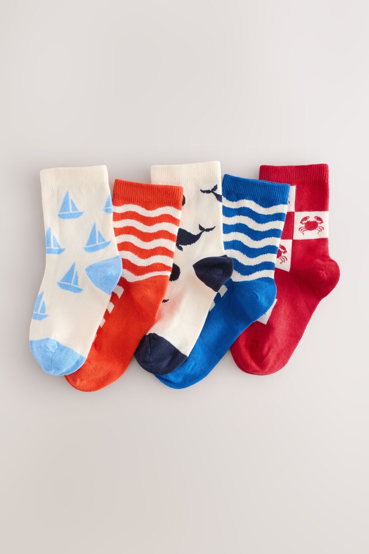 Navy/Red/Ecru Nautical Print Rich Socks 5 Pack - Image 1 of 1
