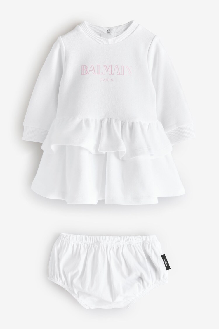 Balmain Baby Logo Tierred Ruffle Jersey White Dress - Image 1 of 1