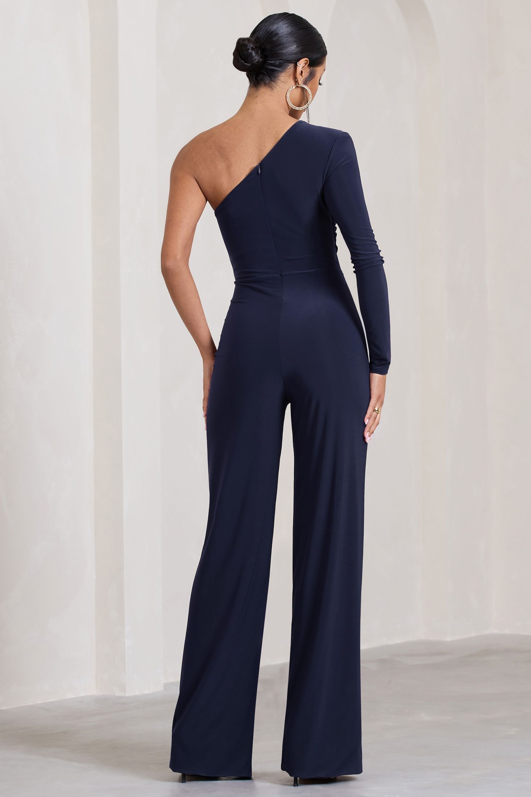 Buy Club L Navy Blue Mila One Shoulder Ruched Wide Leg Jumpsuit from ...