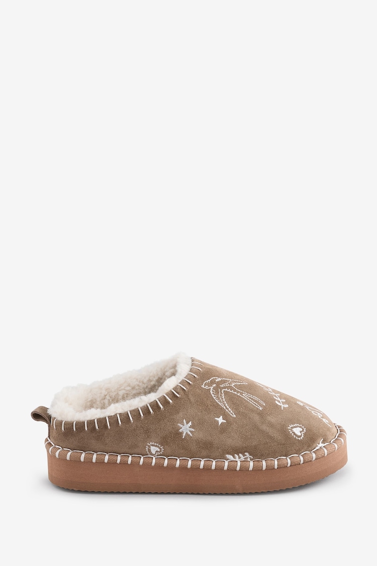 Never Fully Dressed Tan Brown Embroidered Mule Slippers - Image 1 of 1