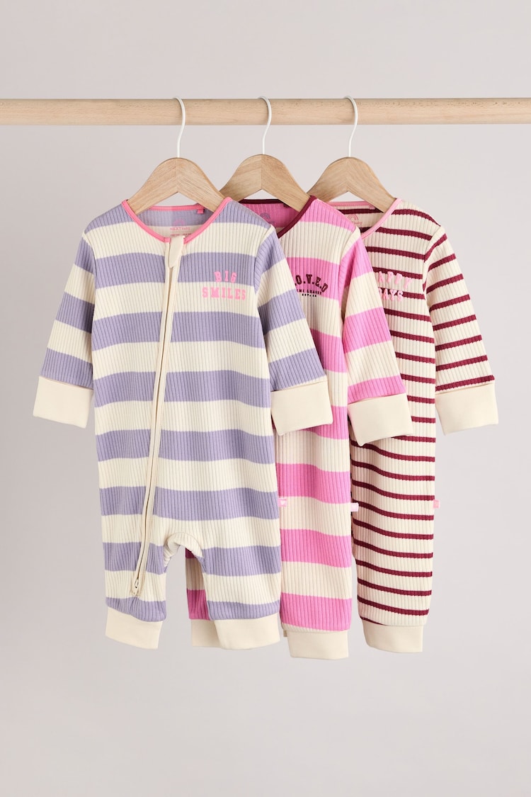 Pink/Purple Two Way Zip Baby Footless 100% Cotton Sleepsuits 3 Pack (0mths-3yrs) - Image 1 of 1