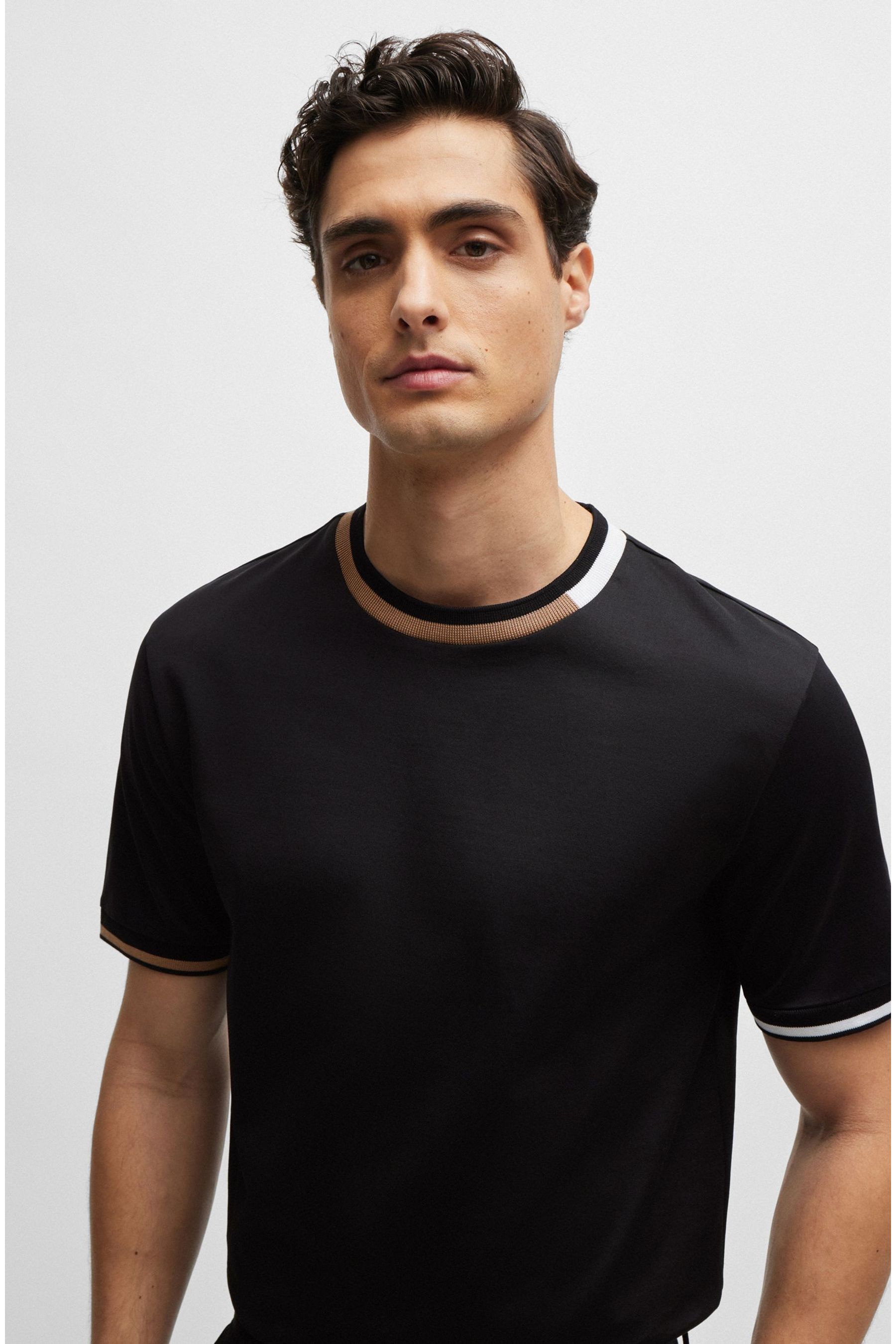 Buy BOSS Black Mercerised-Cotton T-Shirt With Signature-Stripe Details ...