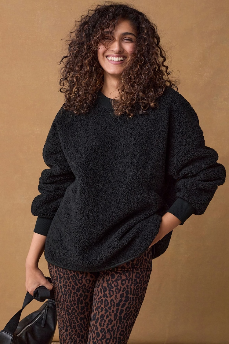 Black Print Relaxed Fit Teddy Borg Fleece Cord Back Longline Crew Neck Sweatshirt - Image 1 of 1