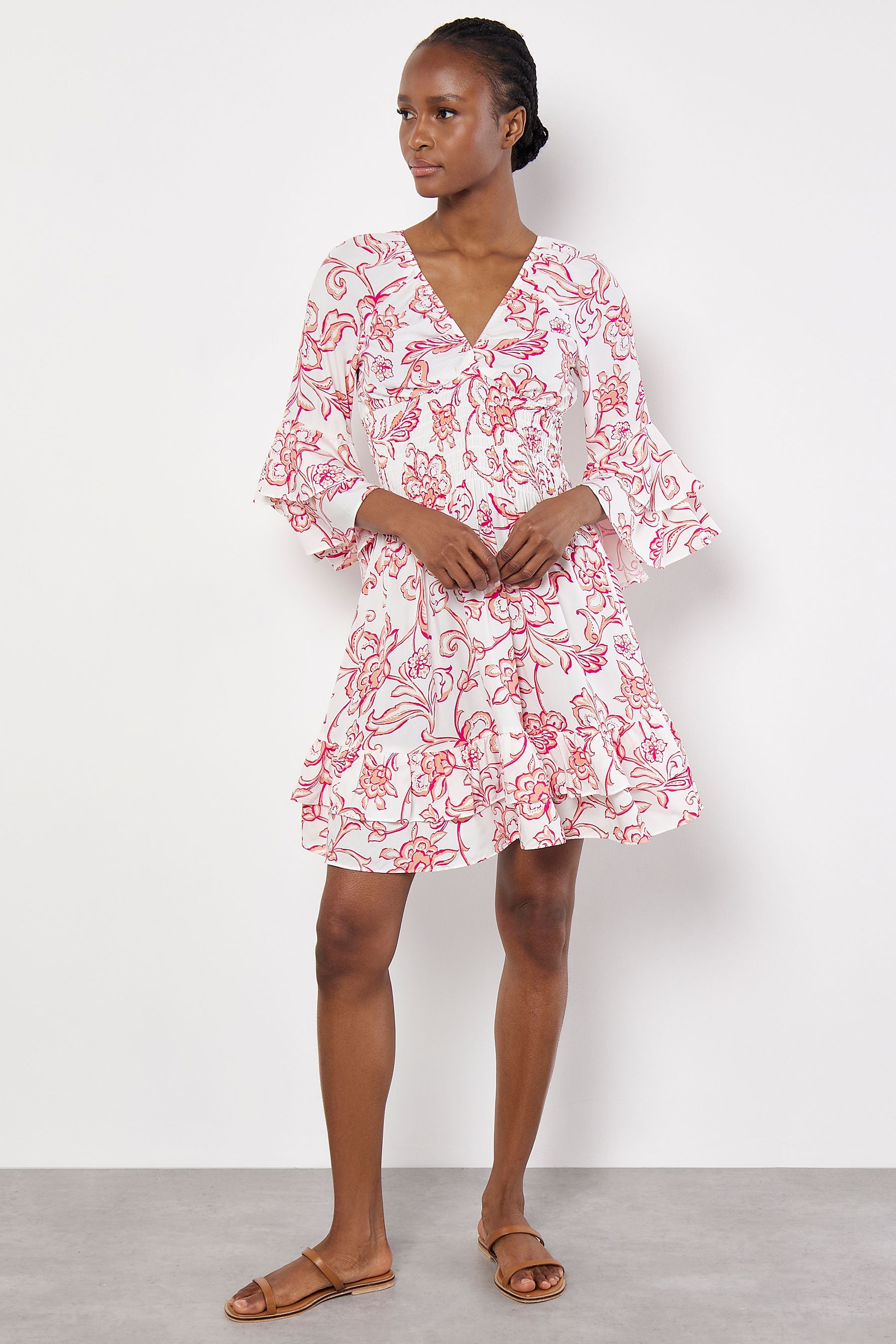 Saashi Apricot V-Neck Mini Dress with Ruffles, Classic Long Sleeve Elegant Style