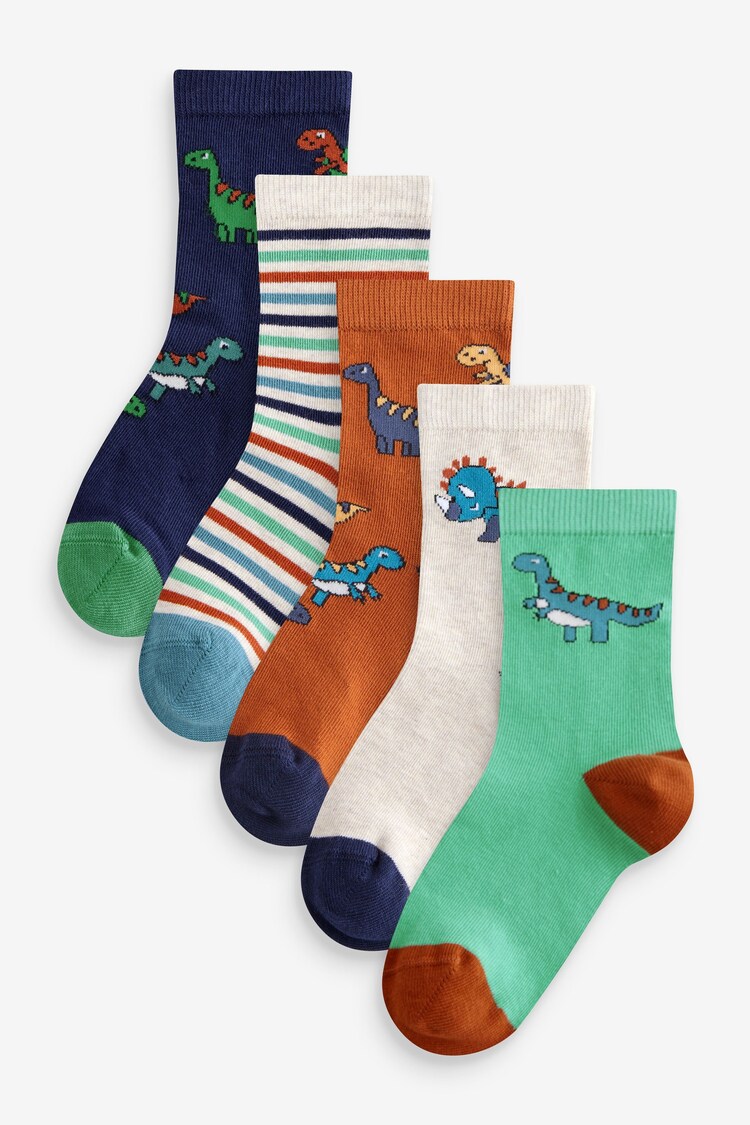 Brown/Green/Navy Blue Dinosaurs Print Rich Socks 5 Pack - Image 1 of 1