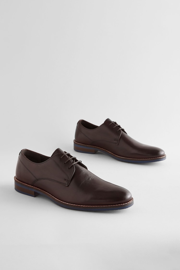 Brown Standard Fit Leather Derby Shoes with Navy Contrast Sole - Image 1 of 1