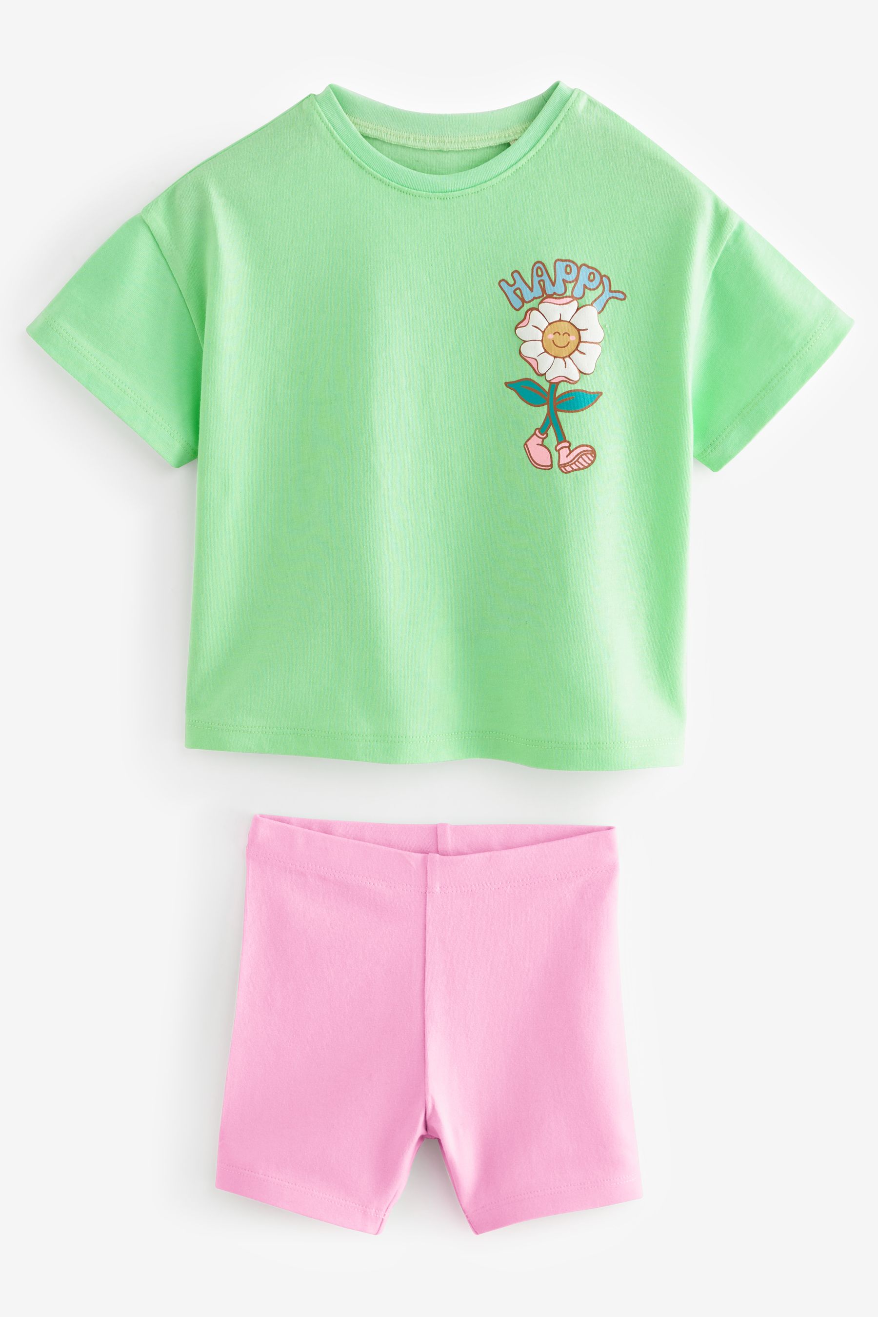 buy-green-pink-flower-100-cotton-short-sleeve-top-and-cycle-shorts-set
