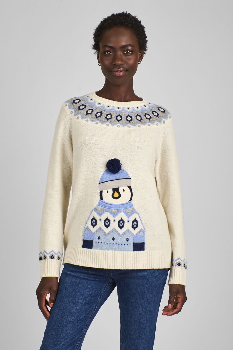 JoJo Maman Bébé Ecru Christmas Penguin Fair Isle Pattern Jumper - Image 1 of 1