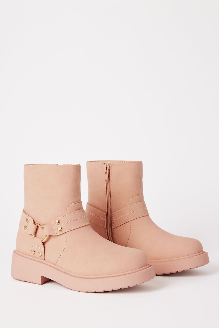 Lipsy Pink Heart Buckle Biker Faux Leather Flat Ankle Boot - Image 1 of 1