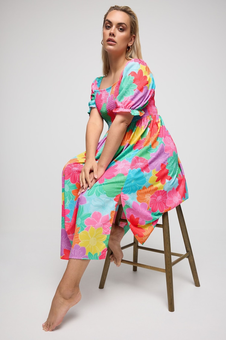 Yours Curve Pink Ditsy Floral Print Shirred Midaxi Dress - Image 1 of 1