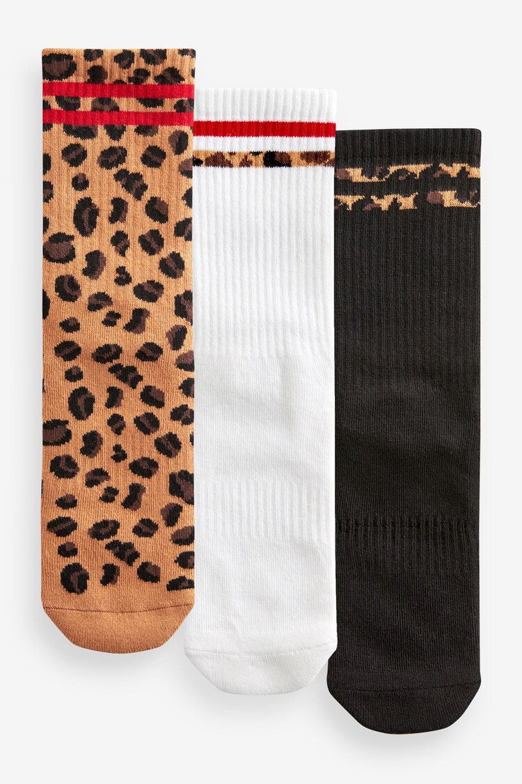 White/Black /Animal Cushion Sole Ribbed Sport Ankle Socks 3 Pack With Arch Support - Image 1 of 1