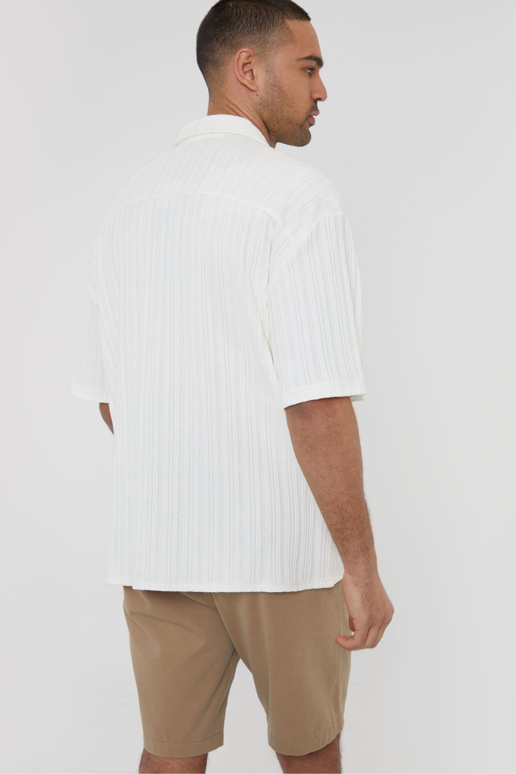 Buy Threadbare White Cotton Revere Collar Textured Stripe Short Sleeve ...